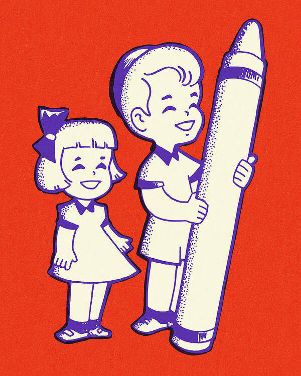 Art Poster featuring the drawing Girl and Boy with a Large Crayon by CSA Images