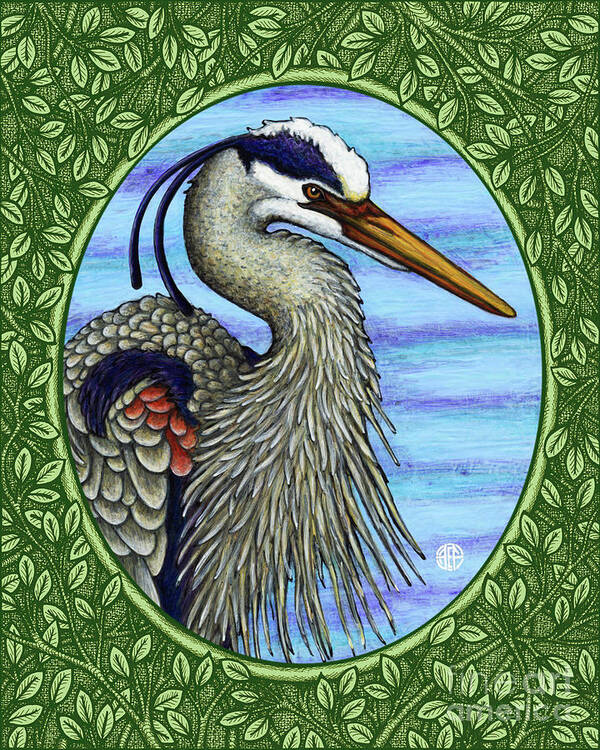 Animal Portrait Poster featuring the painting Great Blue Heron Portrait - Green Border by Amy E Fraser