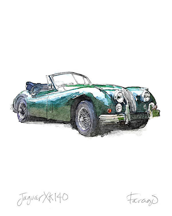 Jaguar Poster featuring the drawing Jaguar XK140 by Peter Farago