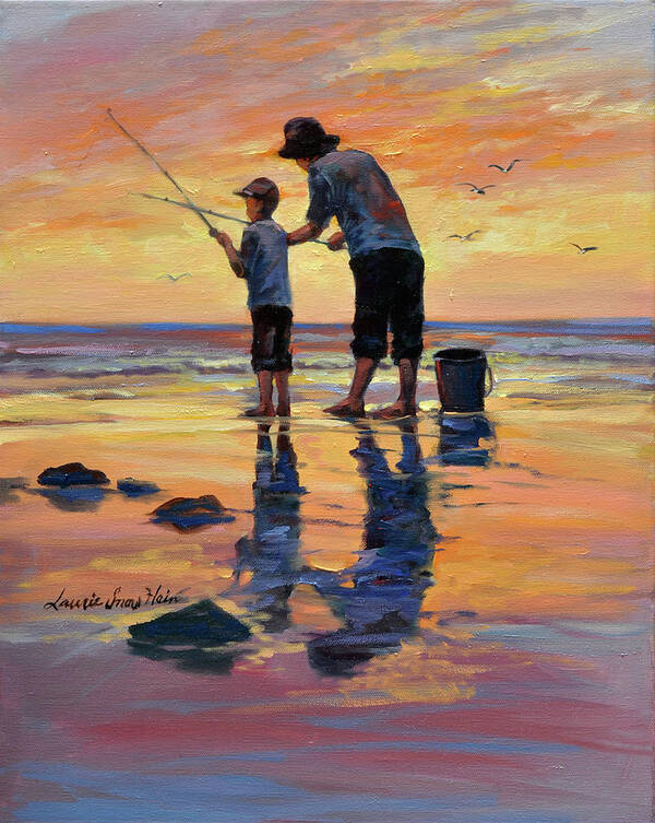 Legacy Lesson - Dad and son fishing Poster by Laurie Snow Hein