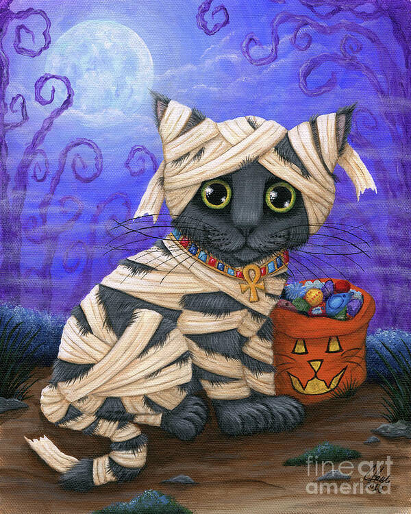 Halloween Cat Poster featuring the painting Lil Mummy Kitten - Halloween Cat - Russian Blue by Carrie Hawks