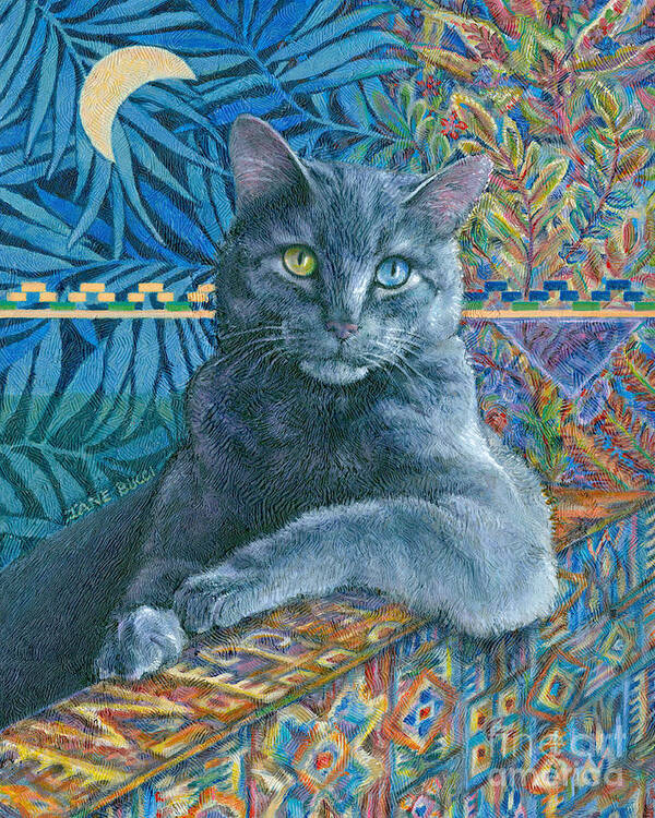 Cat Feline Moon Luna Blue Blues Colorful Portrait Ikat Gato Chat Azure Poster featuring the painting Luna Blue Cat by Jane Bucci