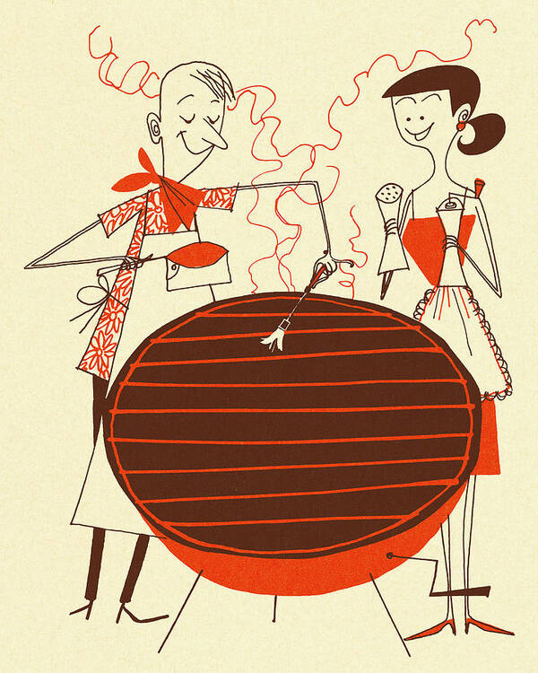 Adult Poster featuring the drawing Man and Woman Preparing a Grill by CSA Images