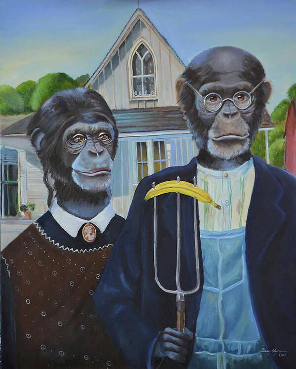 Monkey American Gothic
 Poster featuring the painting Monkey American Gothic by Sue Clyne