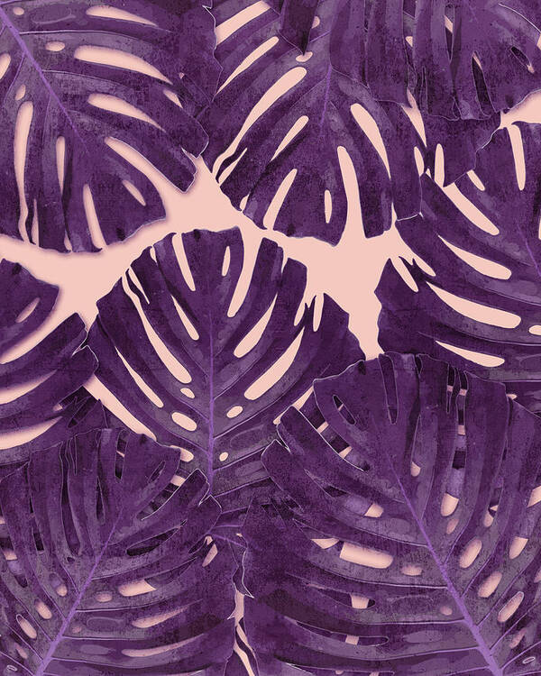 Monstera Poster featuring the mixed media Monstera Leaf Pattern - Tropical Leaf Pattern - Purple - Tropical, Botanical - Modern, Minimal Decor by Studio Grafiikka