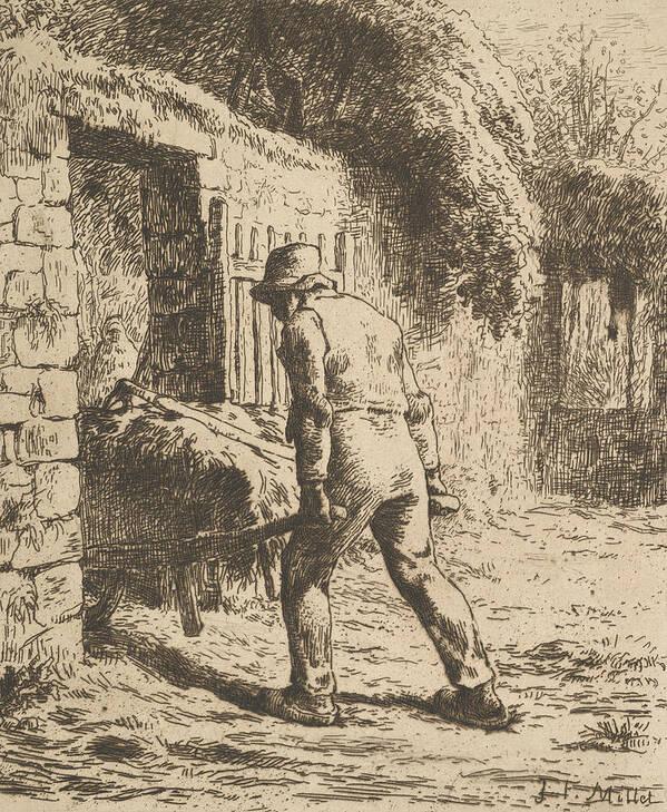 19th Century Art Poster featuring the relief Peasant Pushing A Wheelbarrow by Jean-Francois Millet