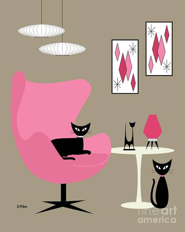 Mid Century Modern Poster featuring the digital art Pink Egg Chair with Cats by Donna Mibus