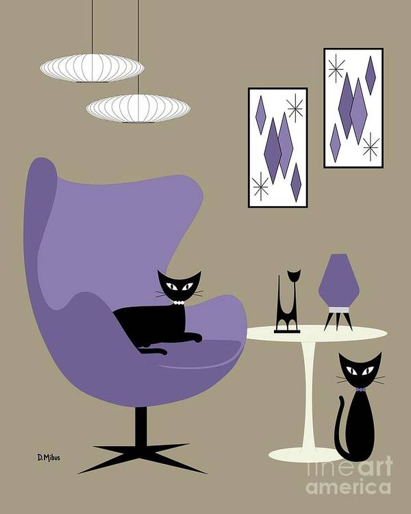Mid Century Modern Poster featuring the digital art Purple Egg Chair with Cats by Donna Mibus