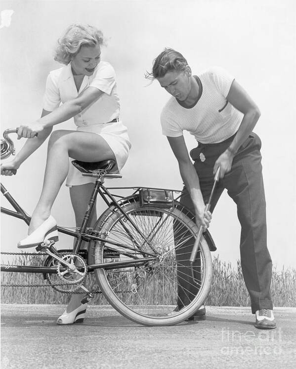 Wind Poster featuring the photograph Ronald Reagan Pumping Bicycle Tire by Bettmann