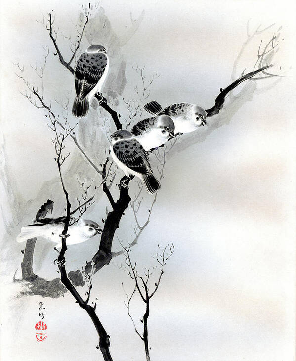 Sparrow Poster featuring the painting Sparrows by Puri-sen