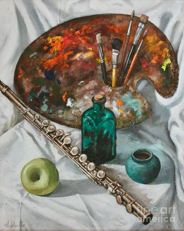 Still-life Poster featuring the painting Still-life with Flute and Palette by Anatol Woolf