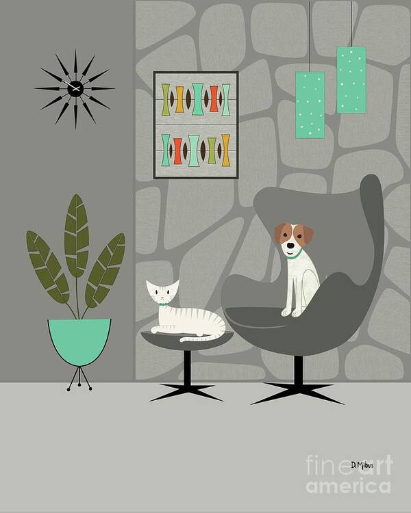 Mid Century Modern Poster featuring the digital art Stone Wall with Dog and Cat by Donna Mibus
