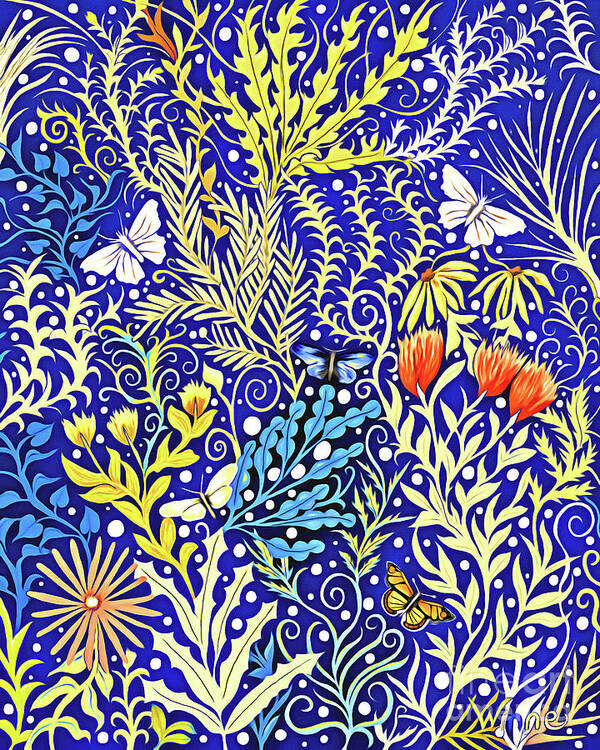 Lise Winne Poster featuring the mixed media Tapestry Design in Blue and Yellow with Orange Flowers and White Butterflies by Lise Winne