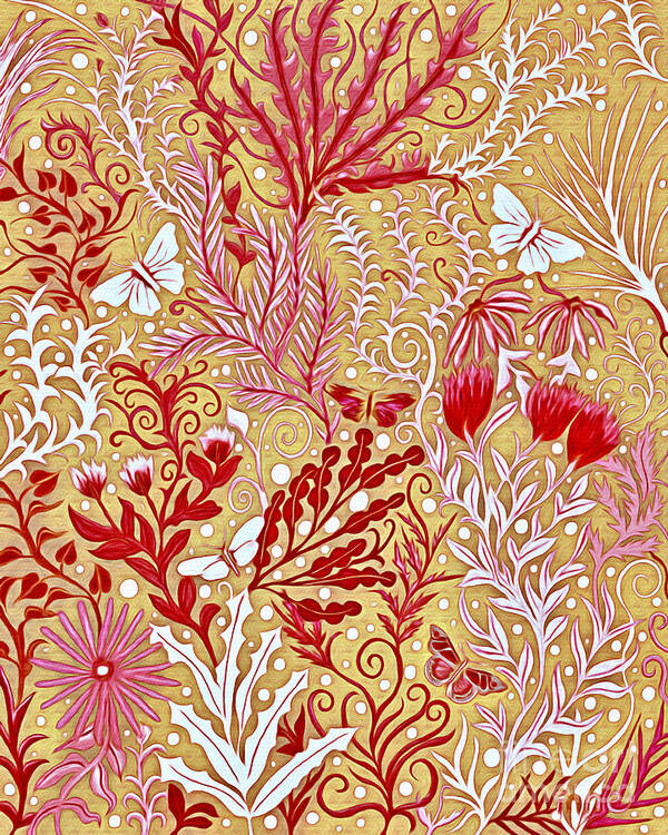 Lise Winne Poster featuring the mixed media Tapestry Design with red and pink on a gold background by Lise Winne