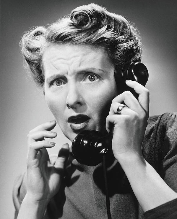 Disbelief Poster featuring the photograph Terrified Woman Talking On Phone, B&w by George Marks