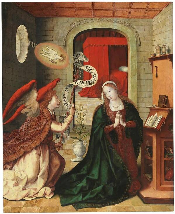 1501 Poster featuring the painting 'The Annunciation'. 1501 - 1535. Oil on panel. ARCHANGEL GABRIEL. VIRGIN MARY. by Leon Picardo