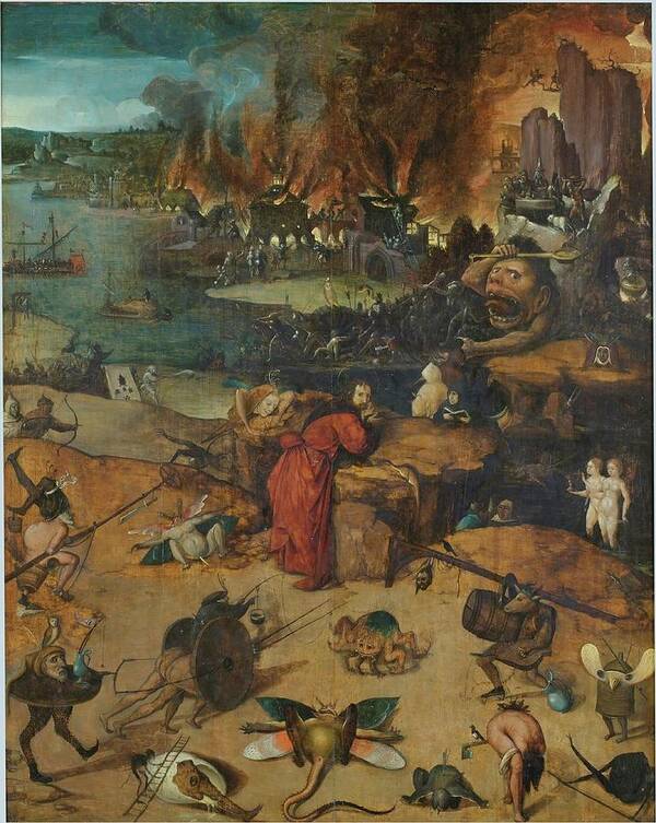 Hieronymus Bosch Poster featuring the painting 'The Temptations of Saint Anthony'. 1550 - 1560. Oil on oak panel. by Hieronymus Bosch -c 1450-1516-