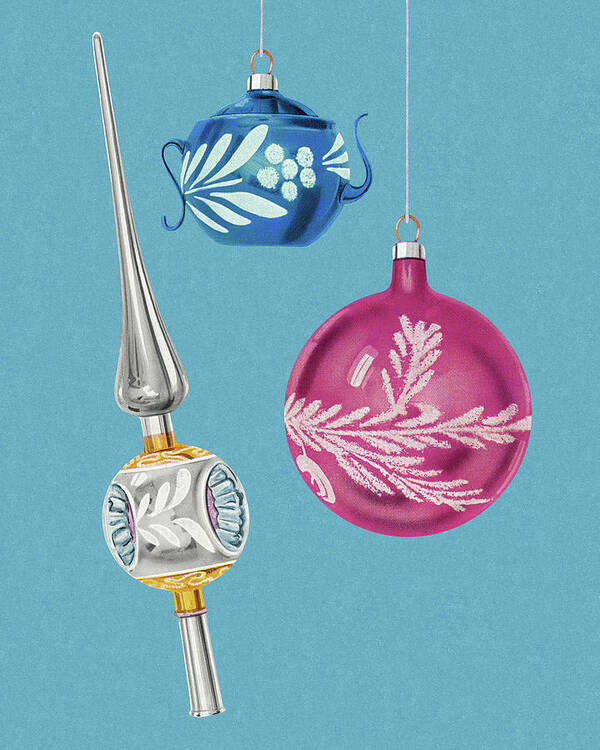 Blue Background Poster featuring the drawing Three Christmas Ornaments by CSA Images