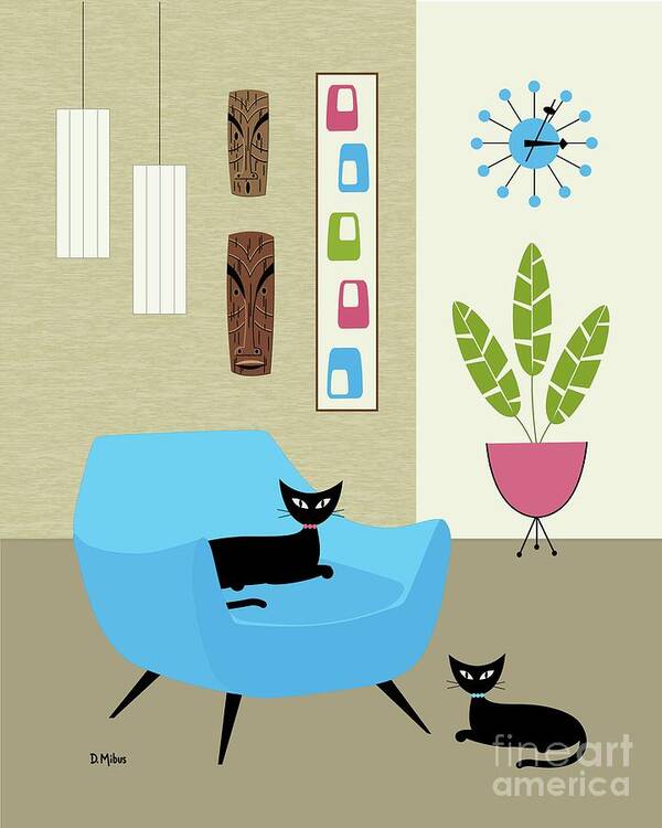 George Nelson Ball Clock Poster featuring the digital art Tikis on the Wall in Blue and Pink by Donna Mibus
