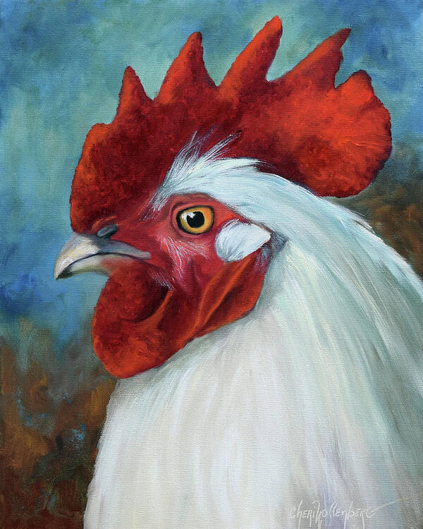Rooster Poster featuring the painting White Rooster Portrait by Cheri Wollenberg