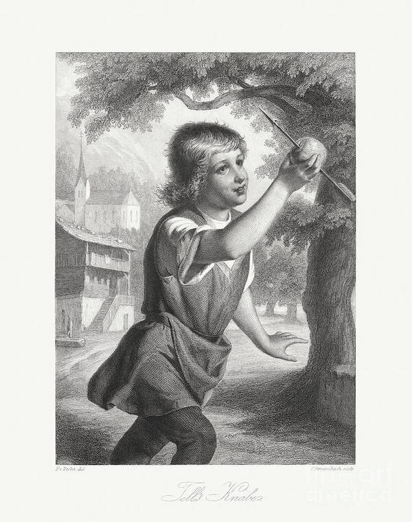 Engraving Poster featuring the digital art Wilhelm Tells Son With The Apple by Zu 09