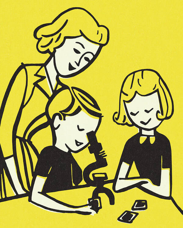 Adult Poster featuring the drawing Woman, Girl, and Boy Looking Through a Microscope by CSA Images