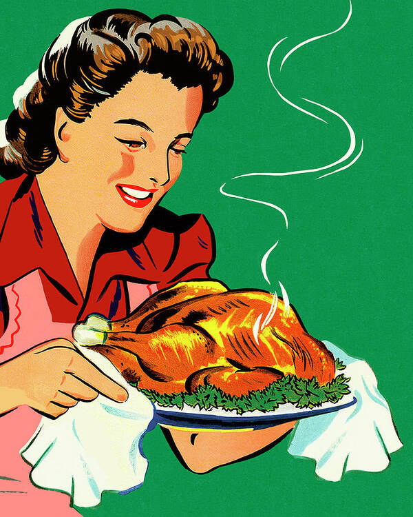 Adult Poster featuring the drawing Woman Holding a Roasted Chicken by CSA Images
