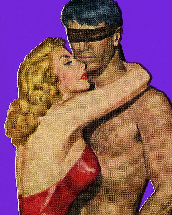 Adult Poster featuring the drawing Woman Hugging Blindfolded Man by CSA Images