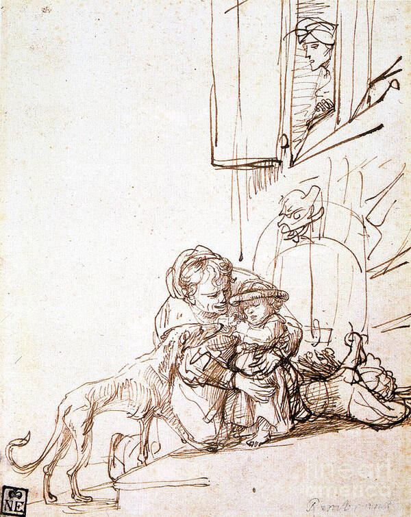 Toddler Poster featuring the drawing Woman With A Child Afraid Of A Dog by Print Collector