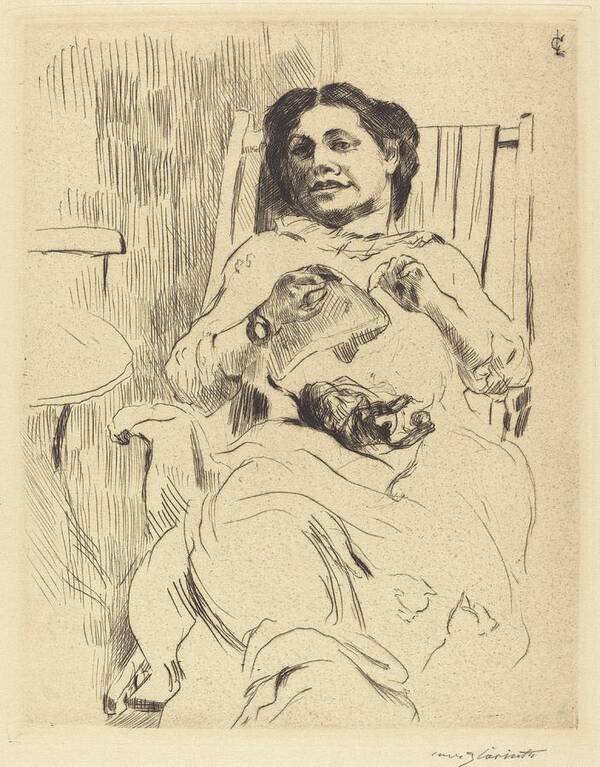 Etching Poster featuring the drawing Woman With Needlework by Lovis Corinth
