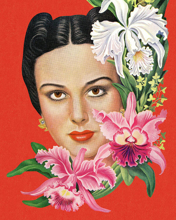 Adult Poster featuring the drawing Woman With Tropical Flowers by CSA Images