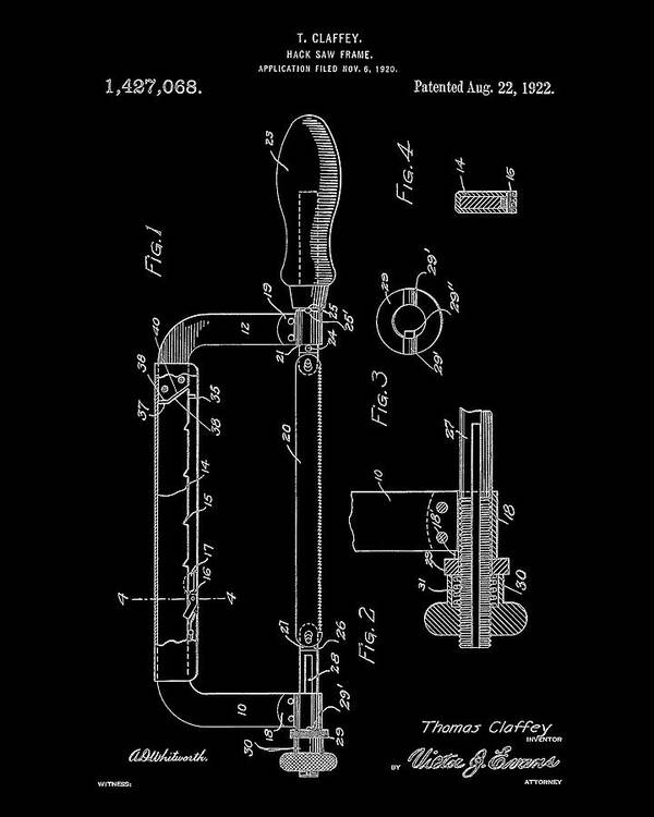 Us Patent Office Poster featuring the mixed media Hack Saw Frame Patent by United States Patent Office