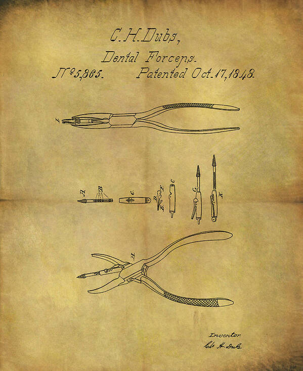 1848 Dental Forceps Patent Poster featuring the drawing 1848 Dental Forceps Patent by Dan Sproul