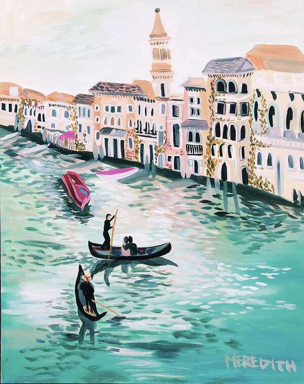 Landscape Venice Water Watercanal Boats Italy Italian Bright Airy Europe Wall Art European Boats Gondola Poster featuring the painting Afternoon in Venice by Meredith Palmer