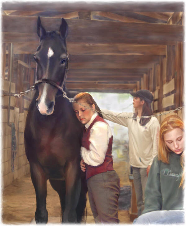 Horse Poster featuring the painting Aisle Hug Horse Show Barn Candid Moment by Connie Moses