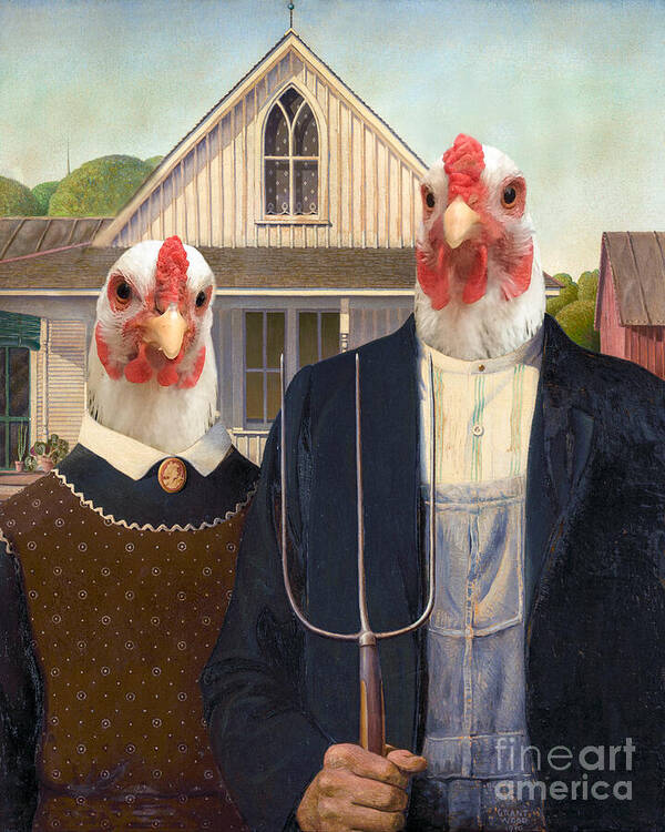 American Gothic Poster featuring the painting American Gothic chickens by Delphimages Photo Creations
