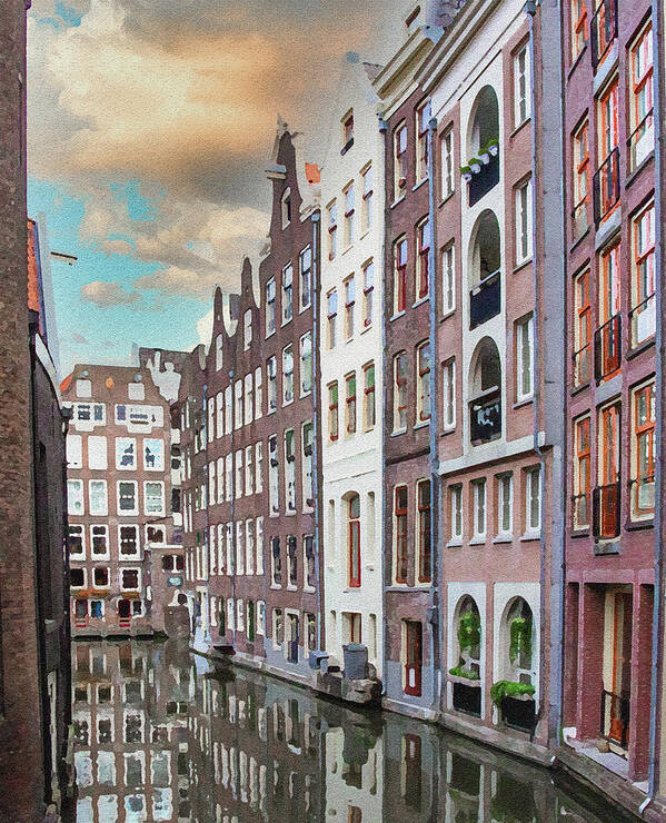 Amsterdam Poster featuring the digital art Amsterdam Canal Reflection Dry Brush on Sandstone by Ron Long Ltd Photography