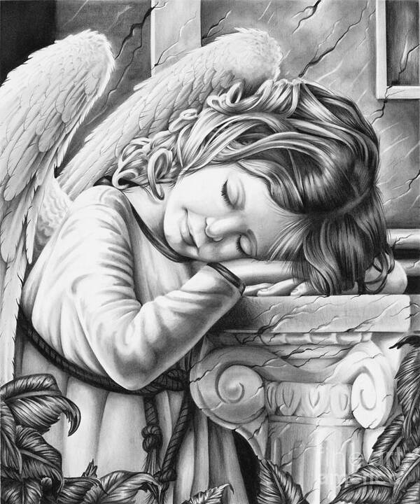 Angel Drawing Sketch Cute Girl Boy Religious Spiritual Faith Sleeping Poster featuring the drawing Angel Sleeping by Ross Coleman