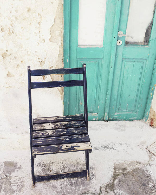 Greece Photograph Poster featuring the photograph Aqua Door and Black Chair by Lupen Grainne