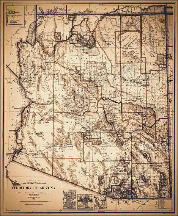 Arizona Poster featuring the photograph Arizona Vintage Map 1910 Nostalgic Sepia by Carol Japp