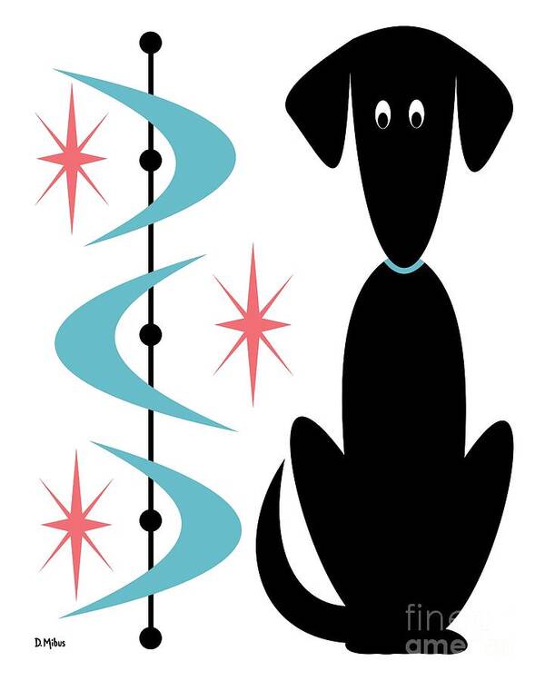 Mid Century Dog Poster featuring the digital art Atomic Dog with Blue Boomerangs by Donna Mibus