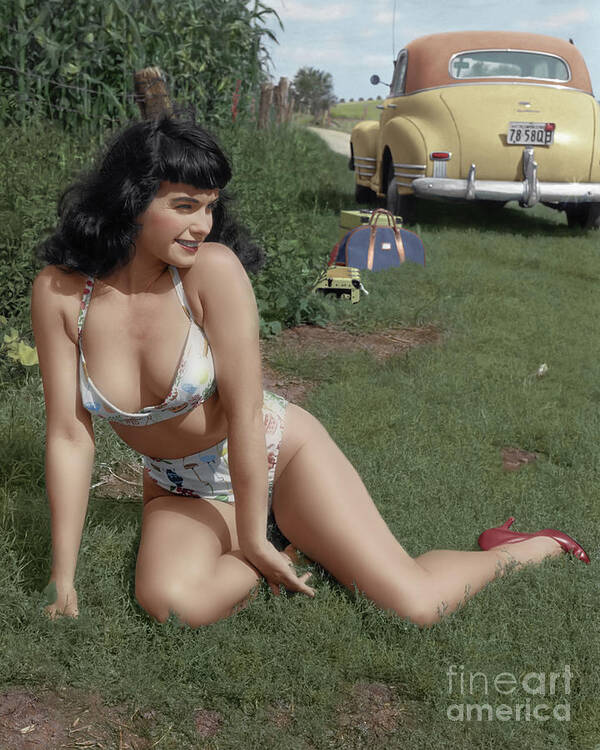 Pinup Poster featuring the digital art Bettie Page in the cornfield by Franchi Torres