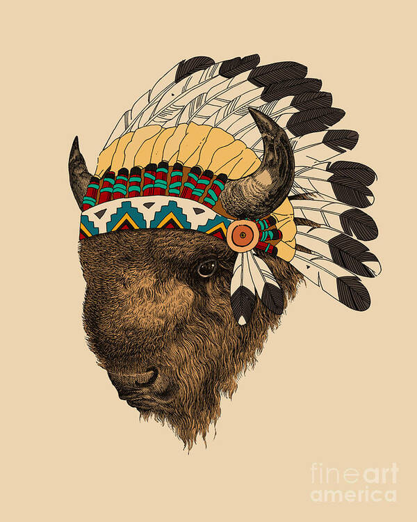 Buffalo Poster featuring the mixed media Bison with feathered headdress by Madame Memento