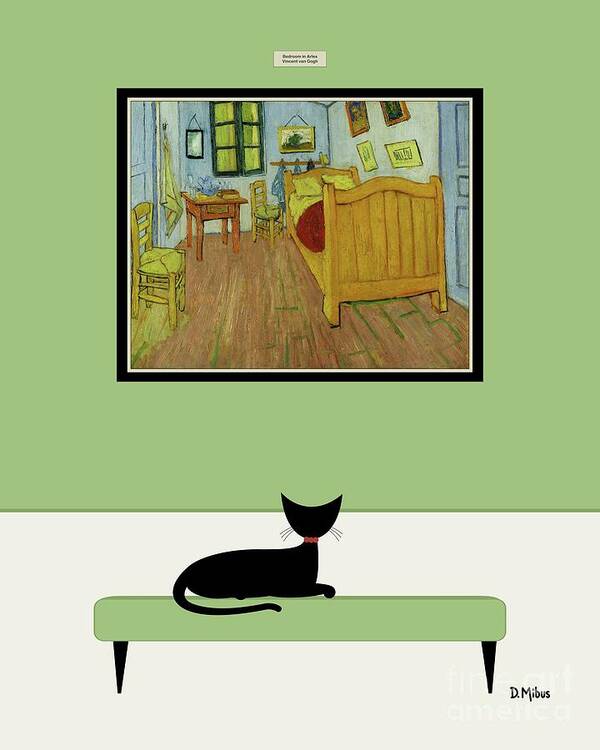 Cat At Museum Poster featuring the digital art Black Cat Admires Van Gogh Bedroom by Donna Mibus