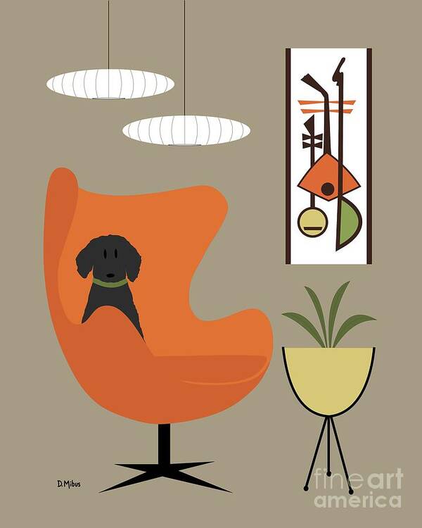 Mid Century Modern Poster featuring the digital art Black Dog in Orange Mid Century Chair by Donna Mibus