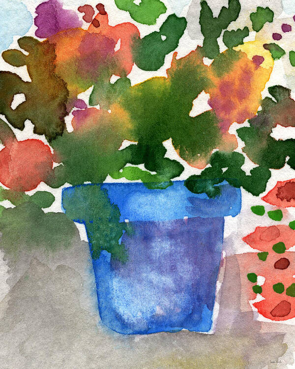 Flower Painting Poster featuring the painting Blue Pot Of Flowers by Linda Woods
