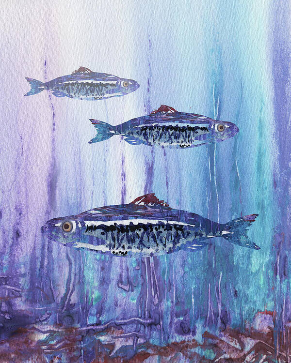 Watercolor Poster featuring the painting Blue School Of Fish Watercolor by Irina Sztukowski