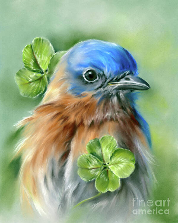 Bird Poster featuring the painting Bluebird for Happiness and Lucky Clover by MM Anderson