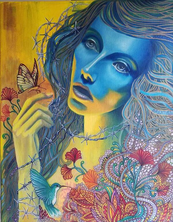 Blue Covid Butterfly Bird Woman Oils Canvas Poster featuring the painting Breathe 2020 by Caroline Philp