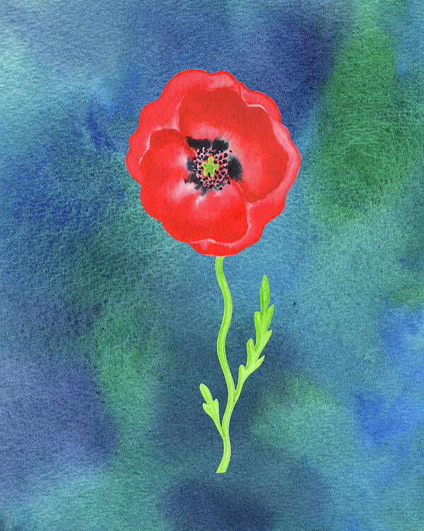Poppy Poster featuring the painting Bright Beautiful Red Poppy Flower Happy Wildflower On Blue Watercolor III by Irina Sztukowski